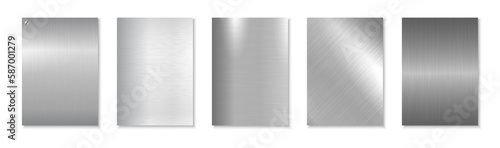 Collection of silver iron polished covers, templates, backgrounds, placards, brochures, banners, flyers and etc. Gray metallic sheet posters. Bright stainless brushed design