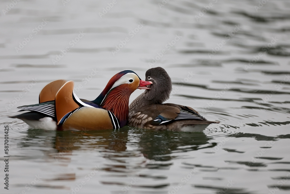 Mandarin ducks in a park in Paris Ile de France France. Mandarin ducks in a park in Paris Ile de France France.