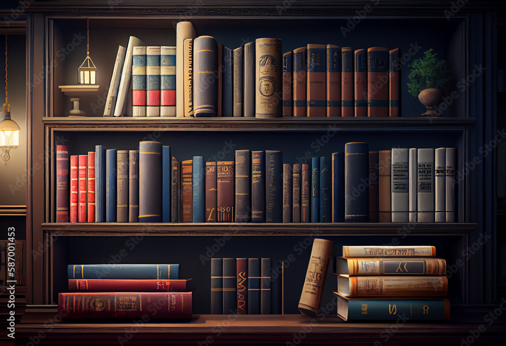 Fototapeta premium Old cozy library. Game of light and shadow on shelves with books in the library. AI Generated