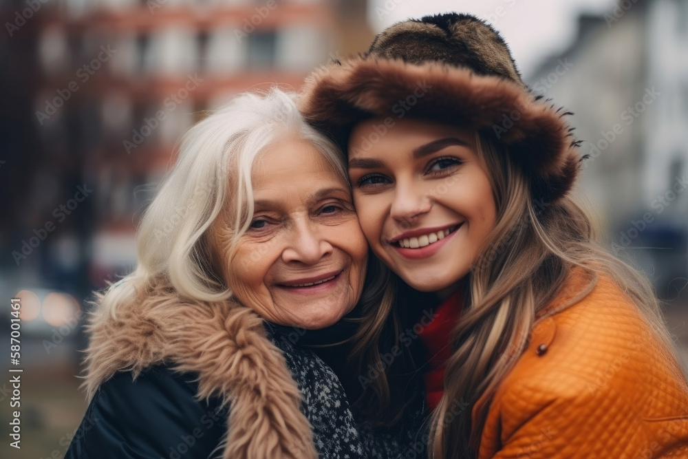 Young woman with older mother cuddling together. Mothers day. Generative ai Young woman with older mother cuddling together. Mothers day. Generative ai