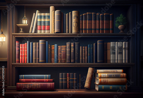 Old cozy library. Game of light and shadow on shelves with books in the library. AI Generated