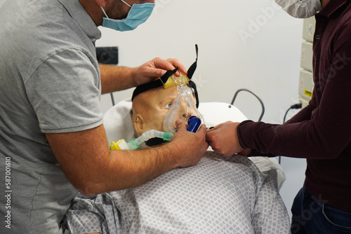 Nurses and emergency nurses undergo training at School of Medicine on emergency procedures and resuscitation. NIV non-invasive artificial ventilation technique.