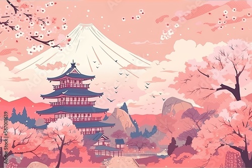 serene pagoda nestled at the base of a majestic mountain. Generative AI