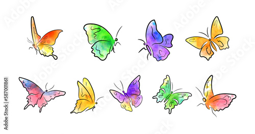 Photography Butterflies brush sketch with bright aquarelle coloring