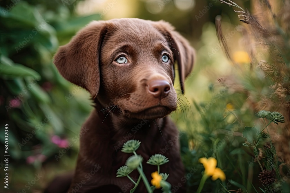 pictures of puppies and dogs a chocolate labrador on a walk. Generative AI