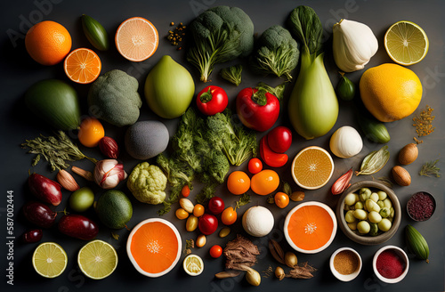 a variety of fruits and vegetables arranged in bowls