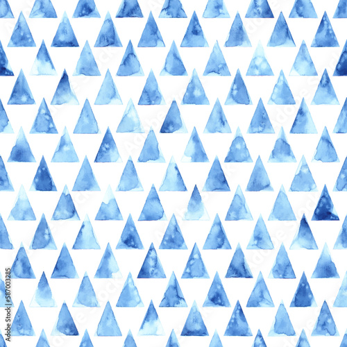 Cute seamless watercolor pattern. Blue triangles on a white background. Vector illustration.