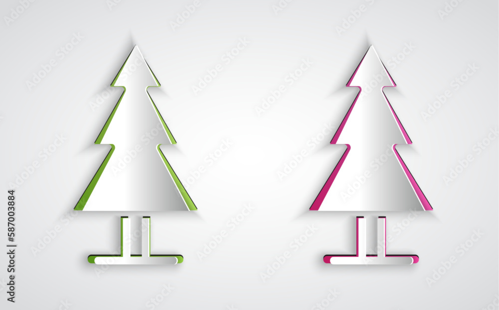 Obraz premium Paper cut Tree icon isolated on grey background. Forest symbol. Paper art style. Vector