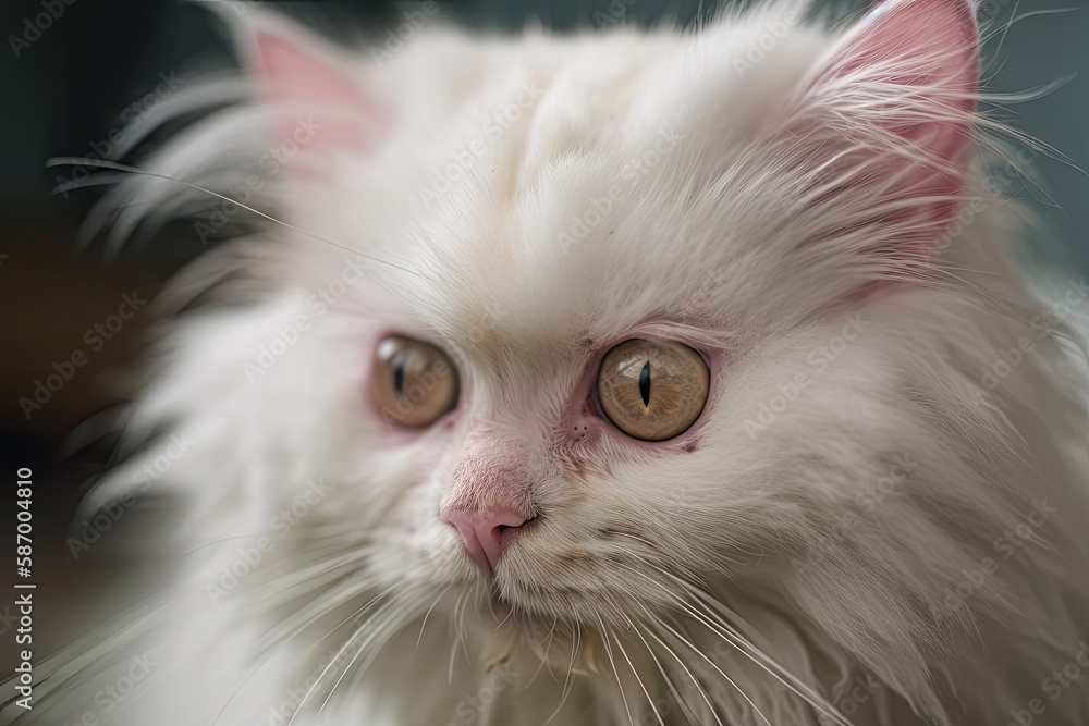 Detailed shot of a white, fluffy kitten. Generative AI