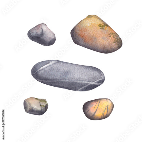 A set of sea stones of different sizes isolated on a white background. Watercolor illustration of gray, striped stones. The underwater bottom. Aquarium decoration. Suitable for labels, design, pack