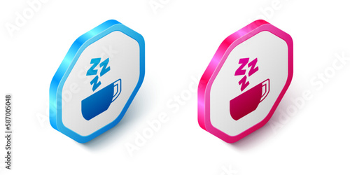 Isometric Chamomile tea icon isolated on white background. A useful therapeutic drink from flowers of chamomile medicinal. Hexagon button. Vector