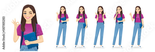Young woman with backpack and book in different poses. Student isolated vector illustration set.
