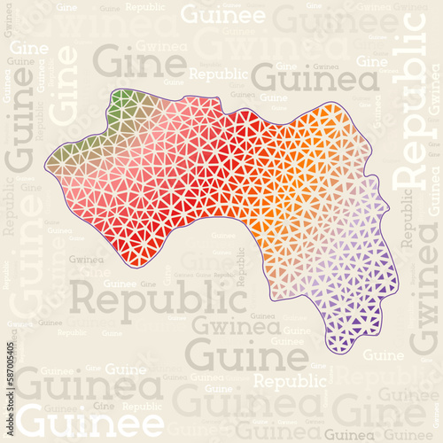 GUINEA map design. Country names in different languages and map shape with geometric low poly triangles. Awesome vector illustration of Guinea.