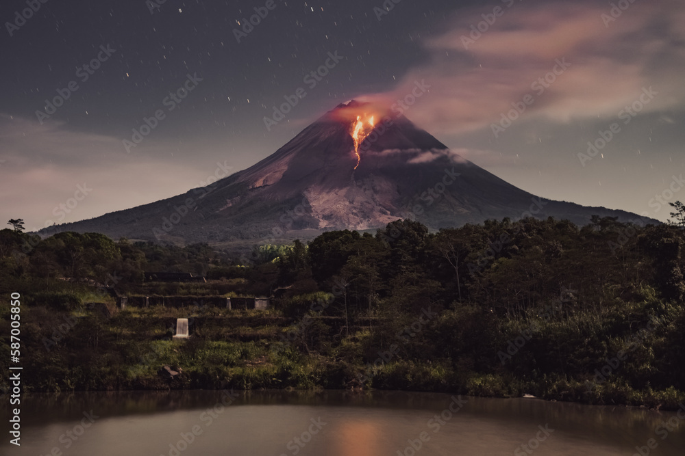 The beautiful view of the effusive eruption of Mount Merapi volcano in Srumbung Magelang