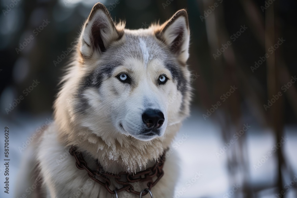 a purebred dog outside in the cold on a chain. Generative AI