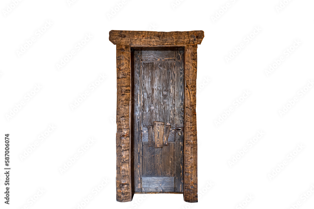 Ancient rough door made of wood. Darkened by time old wooden door. Isolated on white background. Ancient rough door made of wood. Darkened by time old wooden door. Isolated on white background.