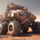 Massive industrial off-road Mars rover, Moon or Mars planet vehicle, space exploration and Mars colonization, generative AI 
