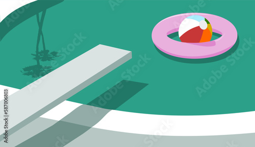 Retro pool with inflatables and diving board