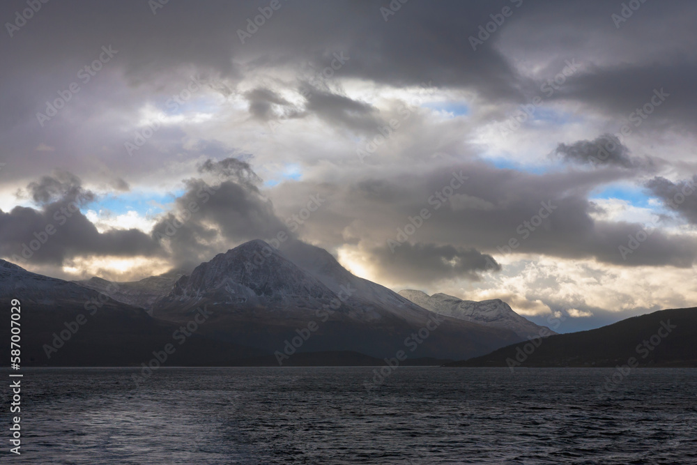 A threatening sky over Tromsøysundet, an 11-kilometre long strait in Tromsø Municipality. Troms, Northern Norway, separating the island of Tromsøya from the mainland east of the island