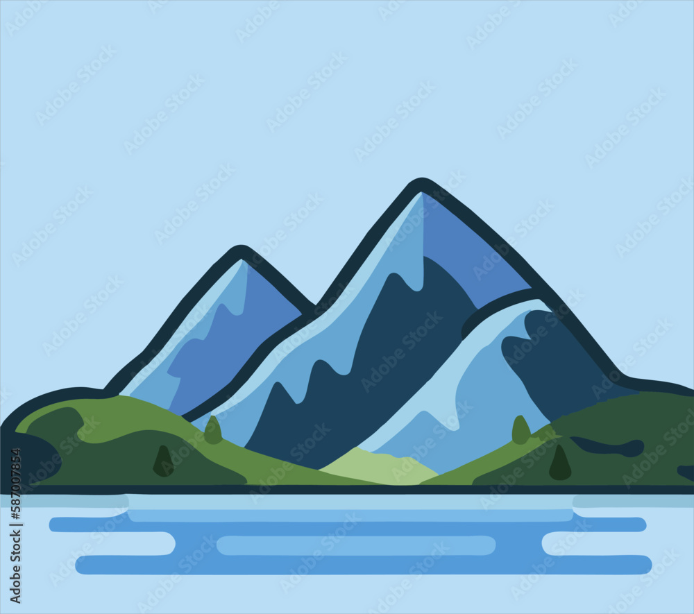 Mountains layout design in outline style. Landscape background with doodle pattern. Abstract template for posters, t-shirts, stickers and more