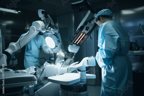 Generative ai of futuristic equipment and medical devices in hybrid operating room.