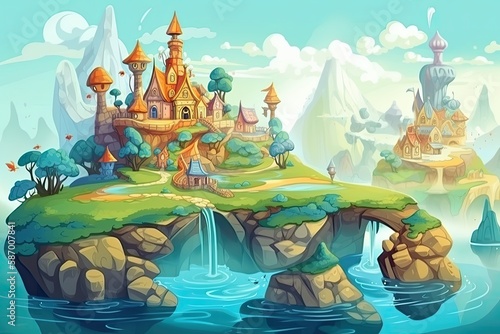 A fantastical world with  islands, mythical creatures, and magical landscapes background Generative AI © PinkiePie