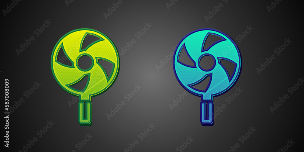 Green and blue Lollipop icon isolated on black background. Candy sign. Food, delicious symbol. Vector Green and blue Lollipop icon isolated on black background. Candy sign. Food, delicious symbol. Vector