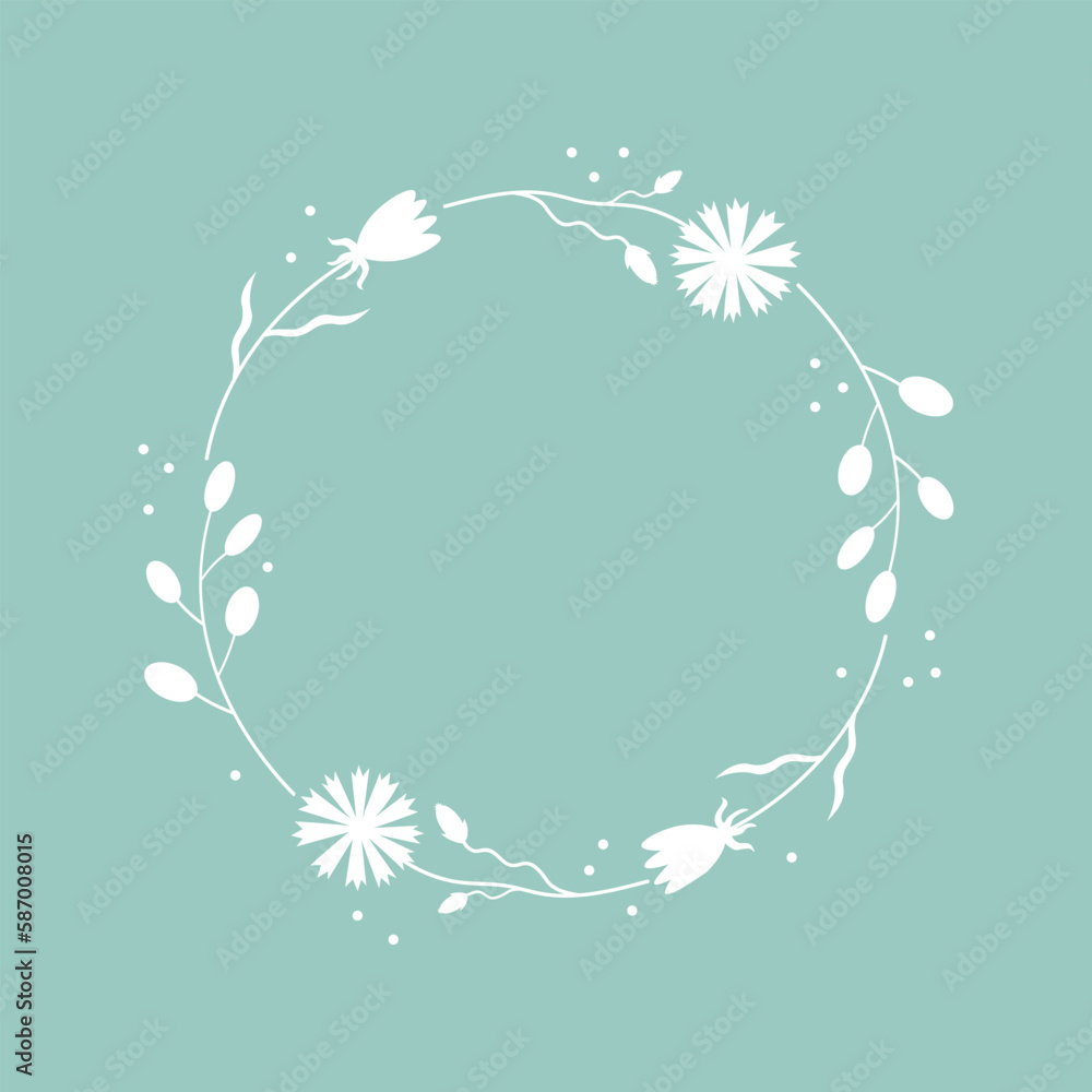 Floral frame round. Cute frame flower arrangement hand-drawn. Illustration for baby shower, wedding design, for invitation, for congratulation, logo, textile and other design. Background for text.