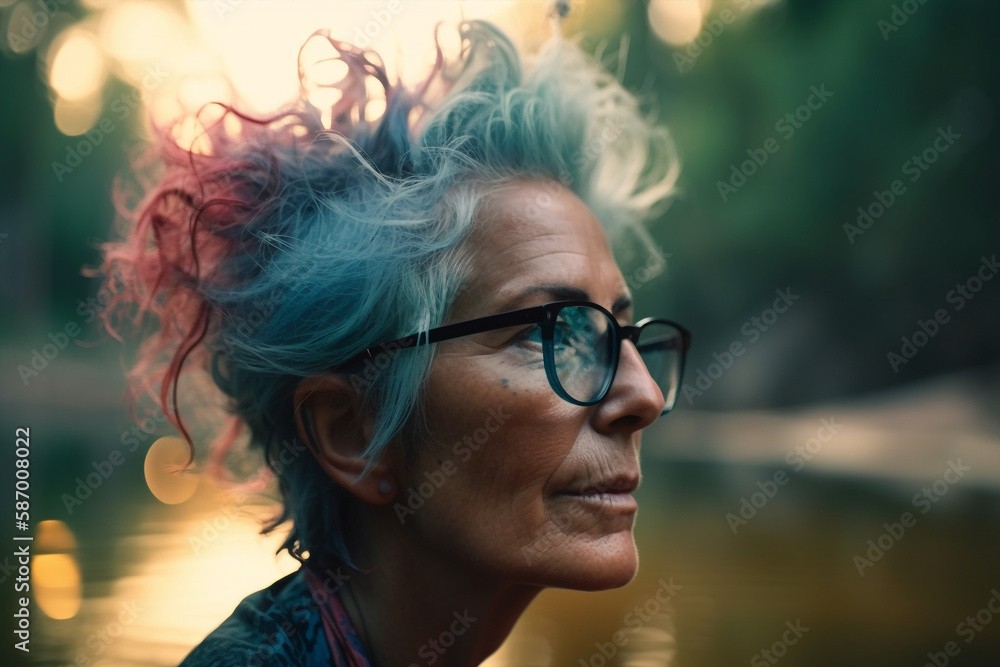 Generative ai close up portrait of senior old smiling grandmother woman colorful hair outdoors serene Generative ai close up portrait of senior old smiling grandmother woman colorful hair outdoors serene
