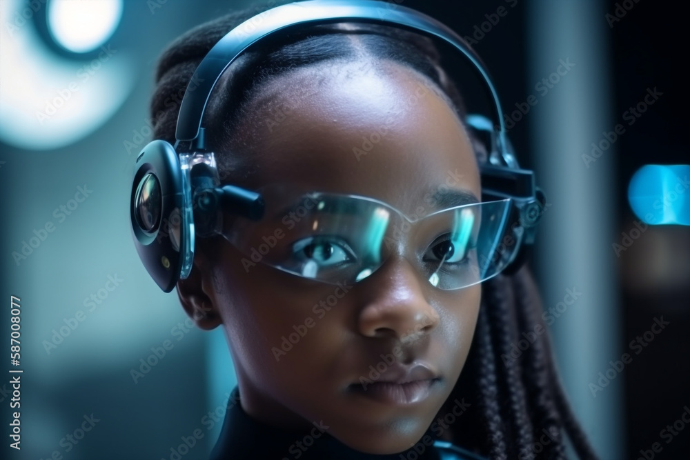 Generative ai illustration scifi futuristic black young girl humanoid