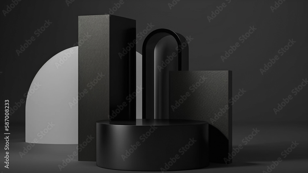 Minimal black modern cylinder box pedestal or podium for product showcase. Abstract geometric shapes background Minimal black modern cylinder box pedestal or podium for product showcase. Abstract geometric shapes background