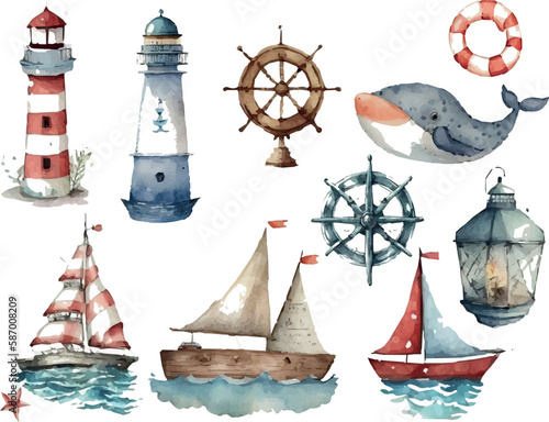 Watercolor hand drawn nautical/marine illustration with lighthouse, steering wheel, and seafaring elements