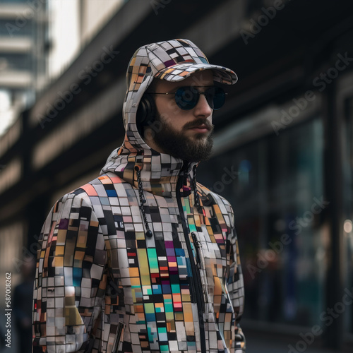 Generative ai young man in fashionable futuristic cube dress walking outdoors city streets