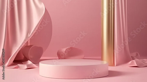 empty podium or pedestal in the center, pink background © aiman