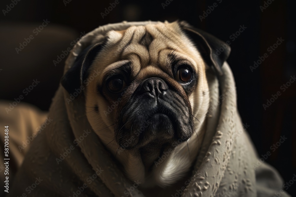 Pug in a blanket, sad. Generative AI
