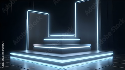 Silver futuristic podium with neon panels for product presentation