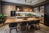 Stylish Home Kitchen Interior with Generative Furniture: Chairs Arranged at Kitchen Island in Apartment. Generative AI