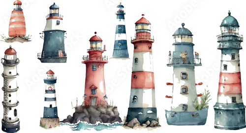 Watercolor vector nautical/marine illustration with a set of  lighthouse 