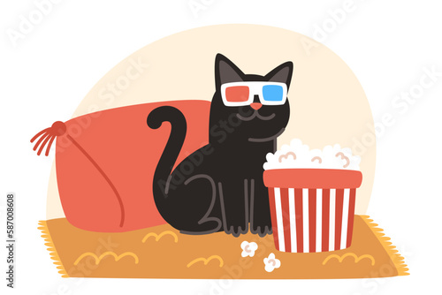A cat with 3D glasses watches a movie and eats popcorn