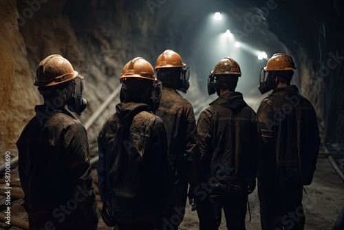 Teamwork and Safety Prevail: Group of Miners Wearing Helmets at the Mine: Generative AI