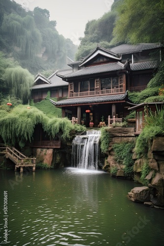 Summertime Paradise: A Cottage House Nestled Among Trees & Hills By a Waterfall, Lake, or Duck Pond, Generative AI © AIGen