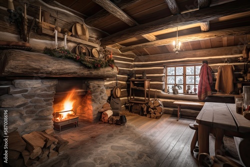 The Warmth of Winter: Relax by a Cozy Fireplace in a Log Cabin this Christmas. Generative AI © AIGen