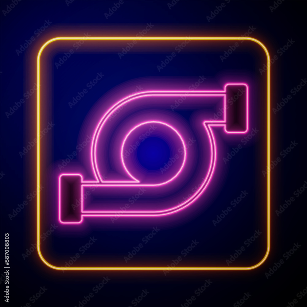 Glowing neon Automotive turbocharger icon isolated on black background. Vehicle performance turbo. Turbo compressor induction. Vector Glowing neon Automotive turbocharger icon isolated on black background. Vehicle performance turbo. Turbo compressor induction. Vector
