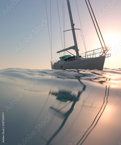 Beautiful modern yacht at sunset on calm seas relaxing holiday 3d render © Studio-FI