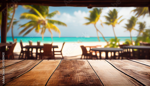 Wooden table in the foreground and soft focus summer beach and a bar in the blurred background (tropical resort banner as a tropical holiday concept), generative AI