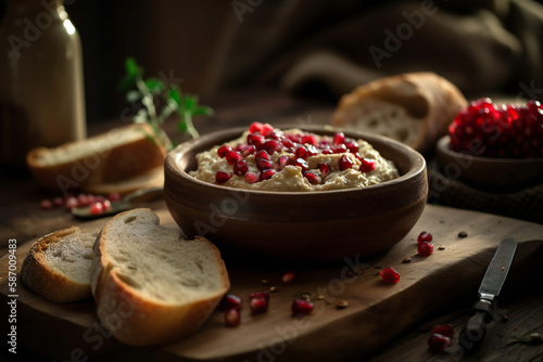 Exquisite Baba Ghanoush Toast with Pomegranate Garnish (AI Generated)