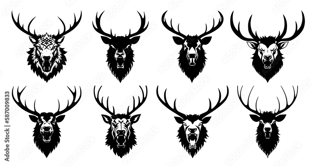 Obraz premium Set of deer heads with open mouth and bared fangs, with different angry expressions of the muzzle. Symbols for tattoo, emblem or logo, isolated on a white background.