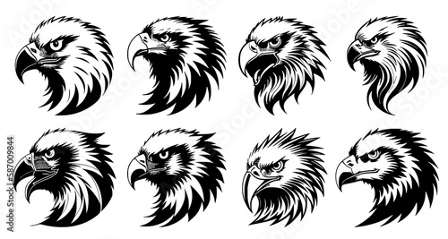 Set of eagle heads with big beaks, side view. Symbols for tattoo, emblem or logo, isolated on a white background.