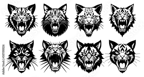 Set of cat heads with open mouth and bared fangs, with different angry expressions of the muzzle. Symbols for tattoo, emblem or logo, isolated on a white background.