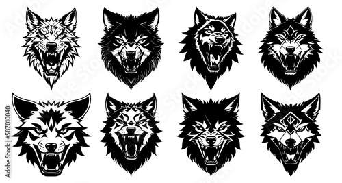 Set of wolf heads with open mouth and bared fangs, with different angry expressions of the muzzle. Symbols for tattoo, emblem or logo, isolated on a white background.